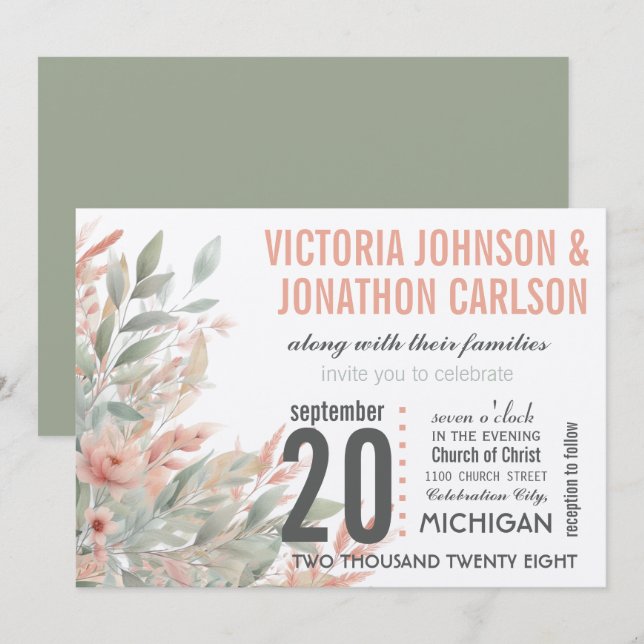 Invitación Mason Jar Coral y Mint Floral Boda (Anverso / Reverso)
