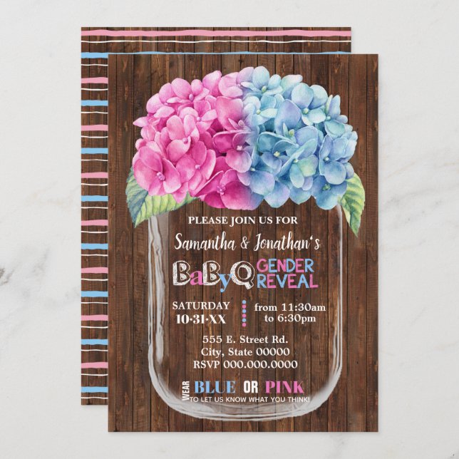 Invitación Mason jar country moda género revelar rosa o azul (Anverso / Reverso)