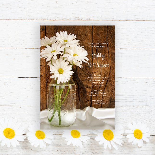 Invitación Mason Jar Daisies Country Engagement Barn Fiesta (Subido por el creador)