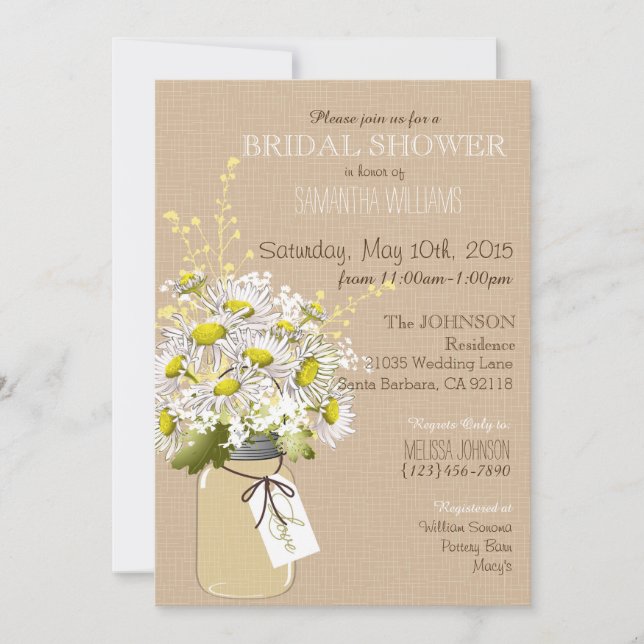 Invitación Mason Jar Daisies Rustic Bridal Shower (Anverso)