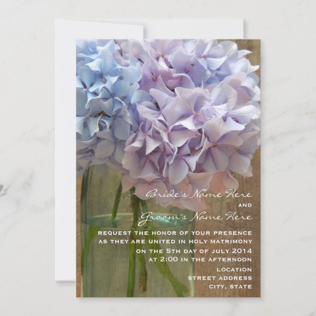 Invitación Mason Jar De Blue & Purple Hydrangeas Boda (Anverso)
