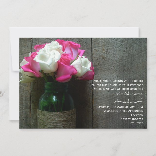 Invitación Mason Jar de rosas rosas y blancas Boda (Anverso)