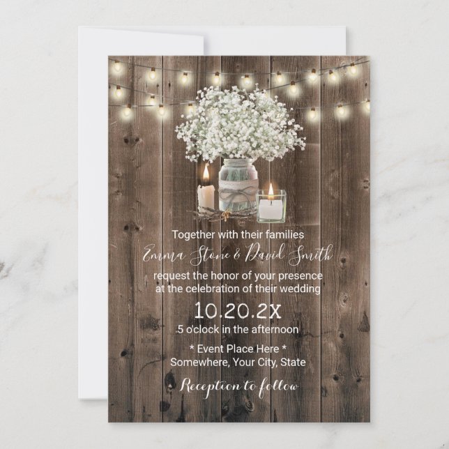 Invitación Mason Jar del Respirar del Bebé y Boda Rústico de  (Anverso)