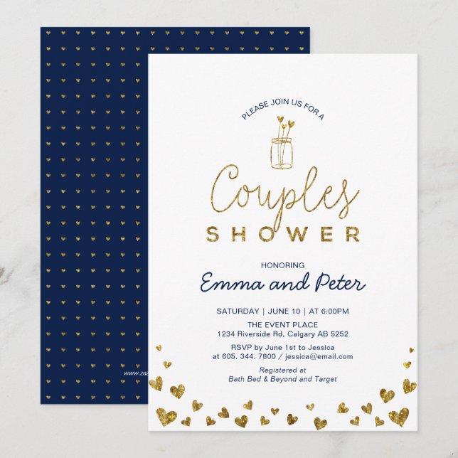 Invitación Mason Jar, ducha de bodas de parejas de oro y mari (Anverso / Reverso)