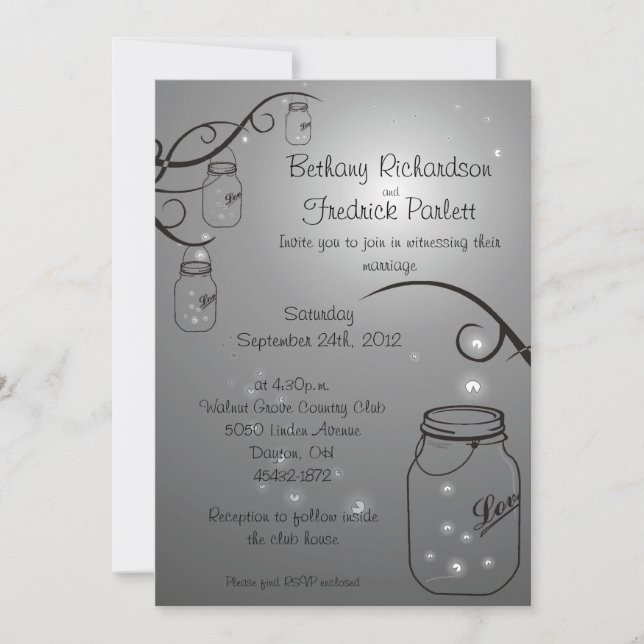 Invitación Mason Jar Firefly Wedting Gray Black (Anverso)