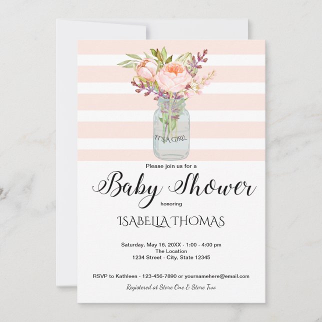 Invitación Mason Jar Floral Bouquet Blue Stripes Baby Shower (Anverso)