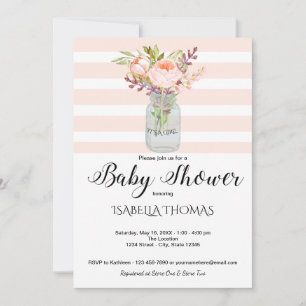 Invitación Mason Jar Floral Bouquet Blue Stripes Baby Shower