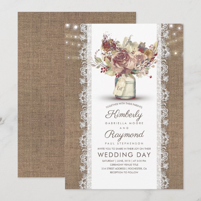 Invitación Mason Jar, floral de cosecha ruidosa | Boda Burlap (Anverso / Reverso)