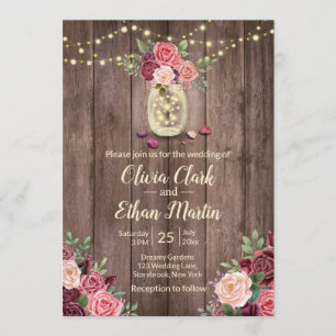 Invitación Mason Jar, floral de madera rústica