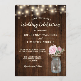 Invitación Mason Jar, floral de Peonia Rosa de Madera Rústica