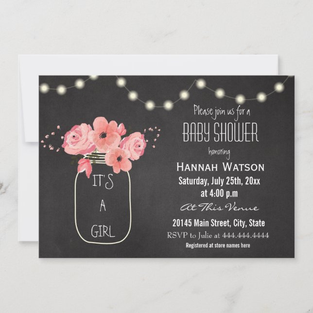 Invitación Mason Jar Flowers Lights Chalkboard Baby Shower (Anverso)