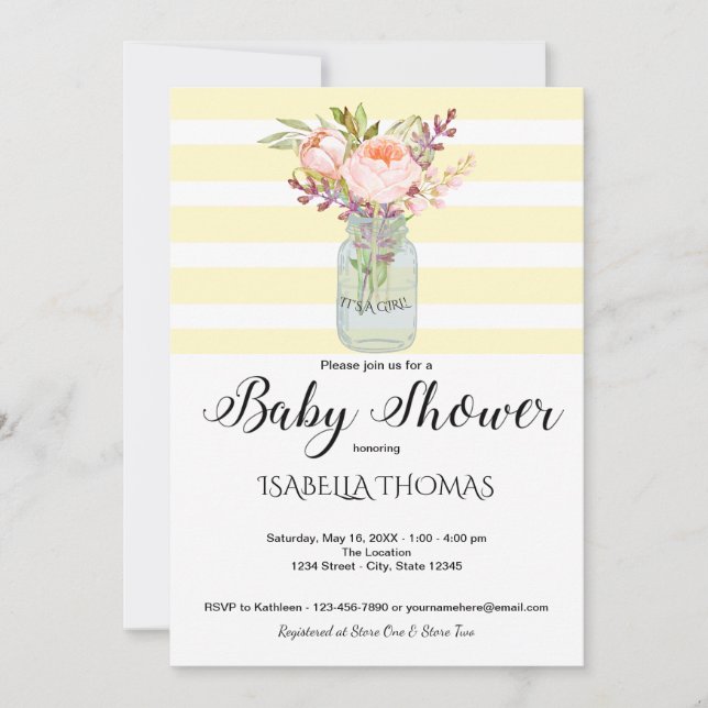 Invitación Mason Jar Flowers Rayas Amarillas Baby Shower (Anverso)