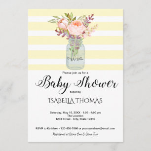 Invitación Mason Jar Flowers Rayas Amarillas Baby Shower