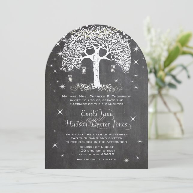 Invitación Mason Jar Forest Chalkboard Tree (Anverso de pie)