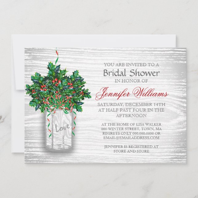 Invitación Mason Jar Holly Berry Rústico Winter Bridal Shower (Anverso)