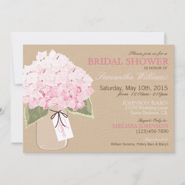 Invitación Mason Jar Hydrangea Rustic Bridal Shower (Anverso)