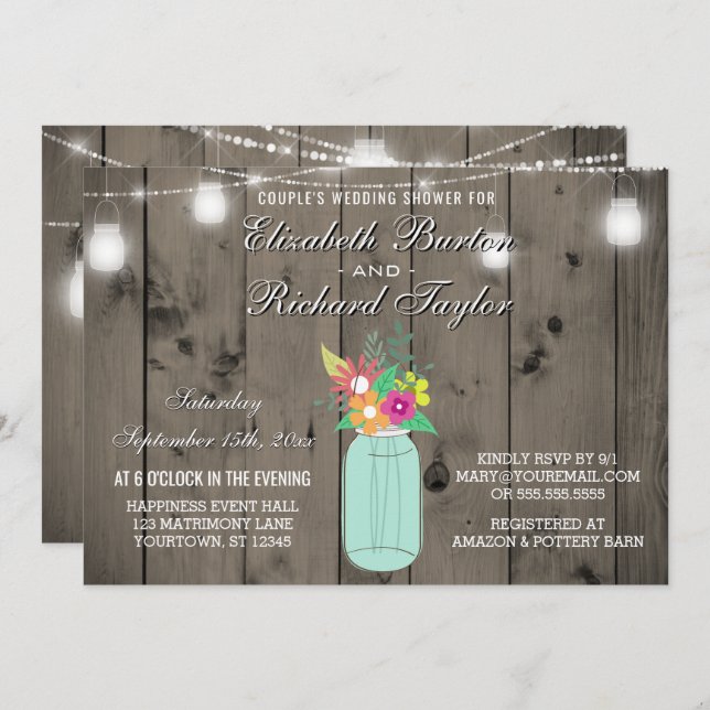 Invitación Mason Jar ilumina a las parejas rusticas duchas de (Anverso / Reverso)