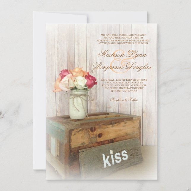 Invitación Mason Jar Kiss Boda Rustica de Madera invita a una (Anverso)