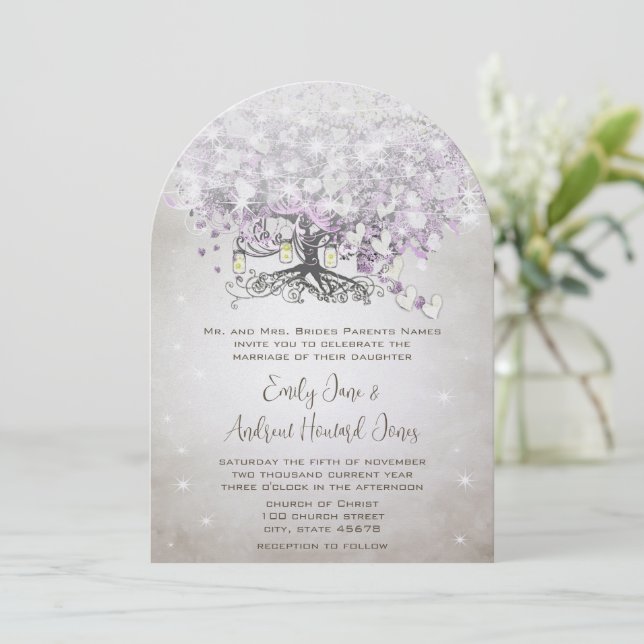 Invitación Mason Jar Lavender Heart Leaf Tree Boda (Anverso de pie)