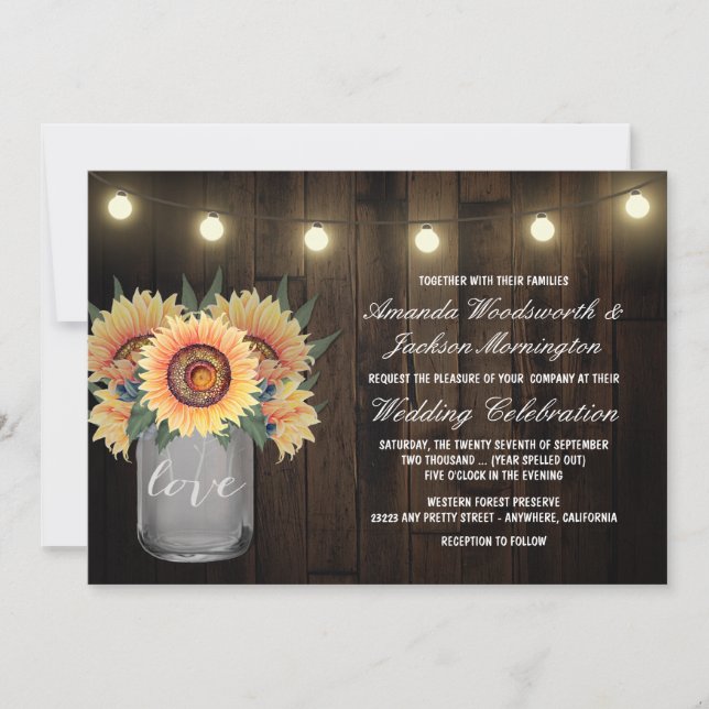 Invitación Mason Jar Lights and Sunflower Wedding Invitacione (Anverso)