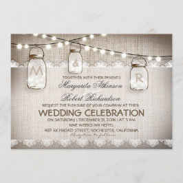 Invitación Mason Jar Lights - Burlap Lace Rustic Boda