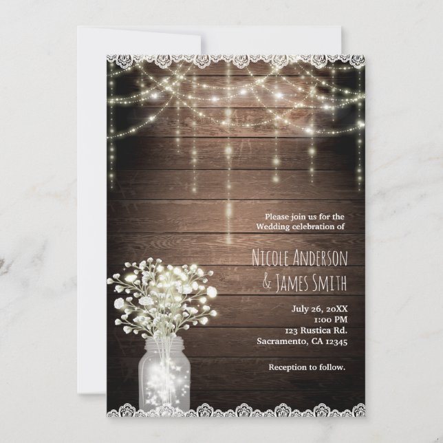 Invitación Mason Jar Luces y Boda de Madera (Anverso)