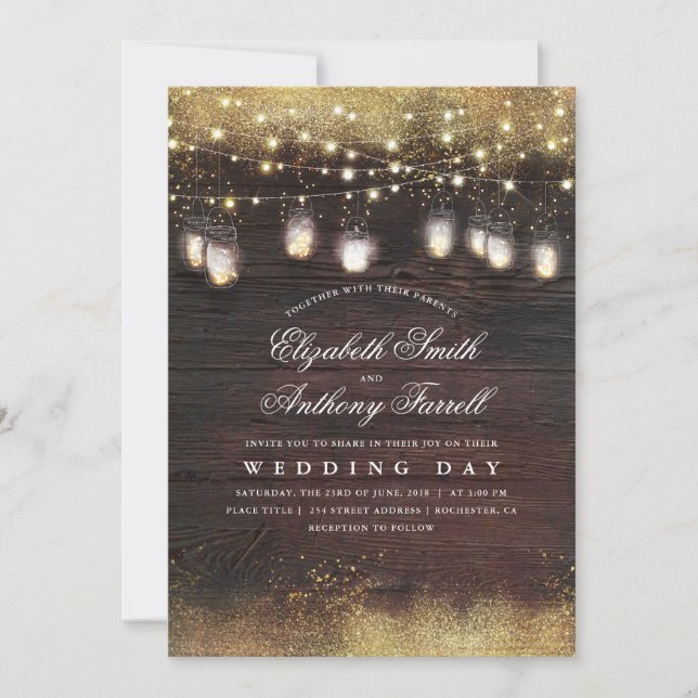Invitación Mason Jar Luces y Boda Purpurina de oro (Anverso)