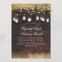 Invitación Mason Jar Luces y Boda Purpurina de oro