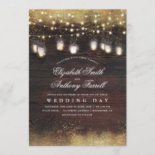 Invitación Mason Jar Luces y Boda Purpurina de oro