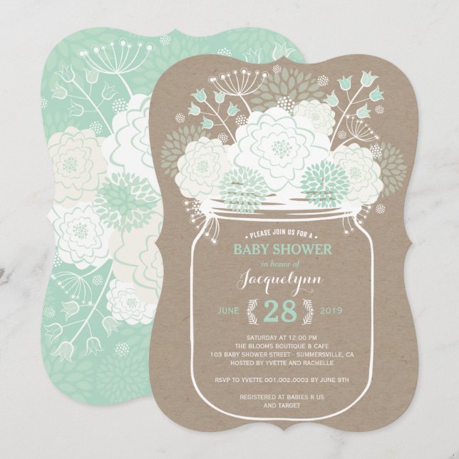 Invitación Mason Jar Mint Blooms Kraft Baby Shower Invite (Anverso / Reverso)