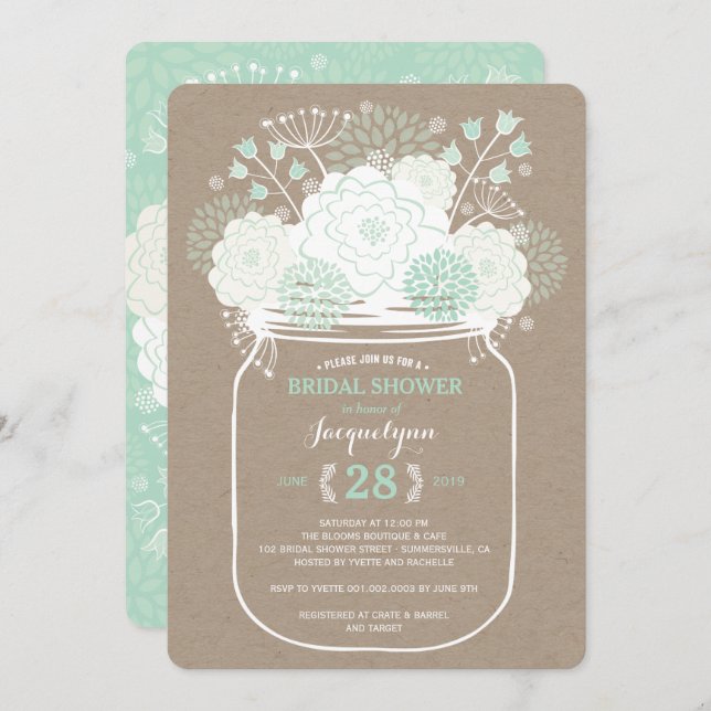 Invitación Mason Jar Mint Spring Blooms Bridal Shower Invite (Anverso / Reverso)