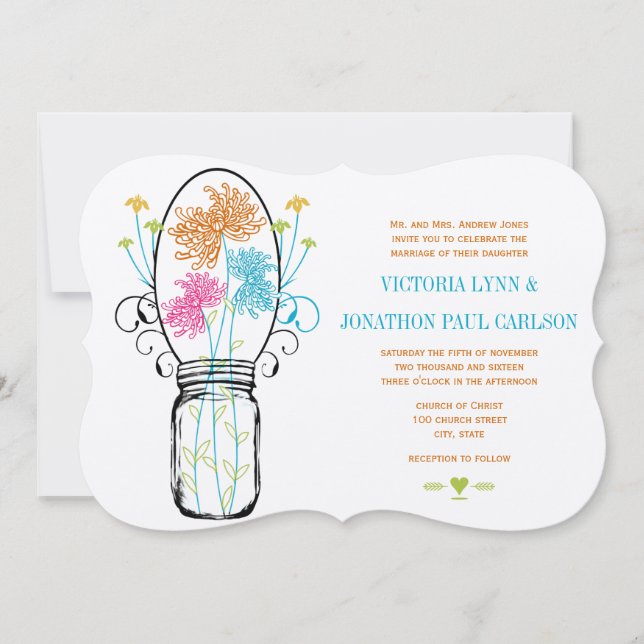 Invitación Mason Jar Naranja rosa Lime Floral Boda (Anverso)