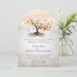 Invitación Mason Jar Peachy Pink Heart Leaf Tree Boda
