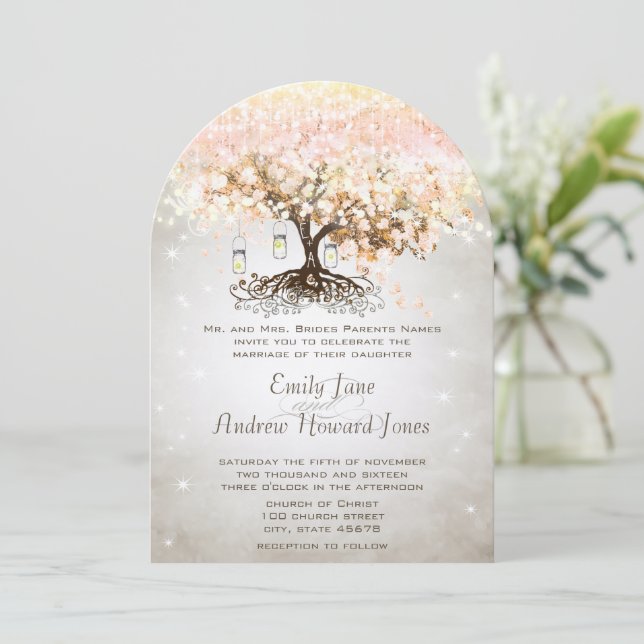Invitación Mason Jar Peachy Pink Heart Leaf Tree Boda (Anverso de pie)