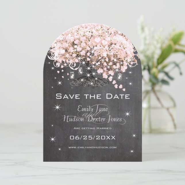 Invitación Mason Jar Pink Chalkboard Heart Leaf Tree (Anverso de pie)