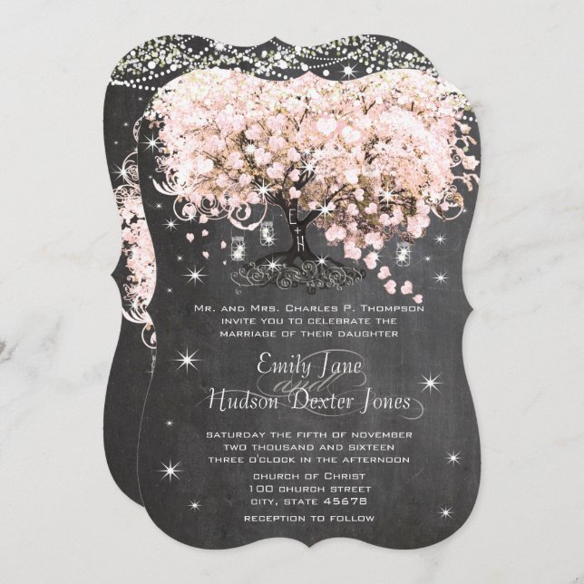 Invitación Mason Jar Pink Chalkboard Heart Leaf Tree (Anverso / Reverso)