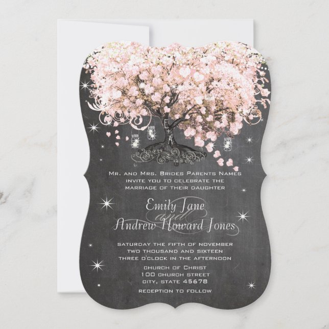 Invitación Mason Jar Pink Chalkboard Heart Leaf Tree (Anverso)