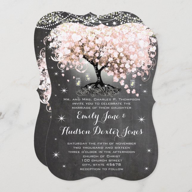 Invitación Mason Jar Pink Chalkboard Heart Leaf Tree (Anverso / Reverso)