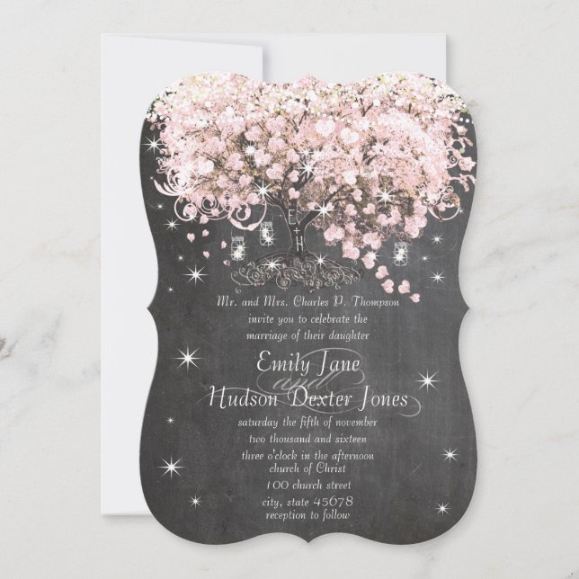 Invitación Mason Jar Pink Chalkboard Heart Leaf Tree (Anverso)