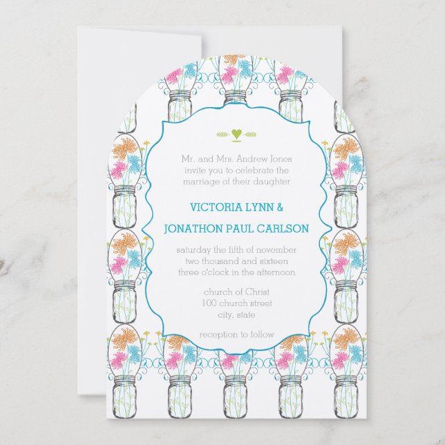 Invitación Mason Jar Pink Coral Lime Aqua Boda Floral (Anverso)