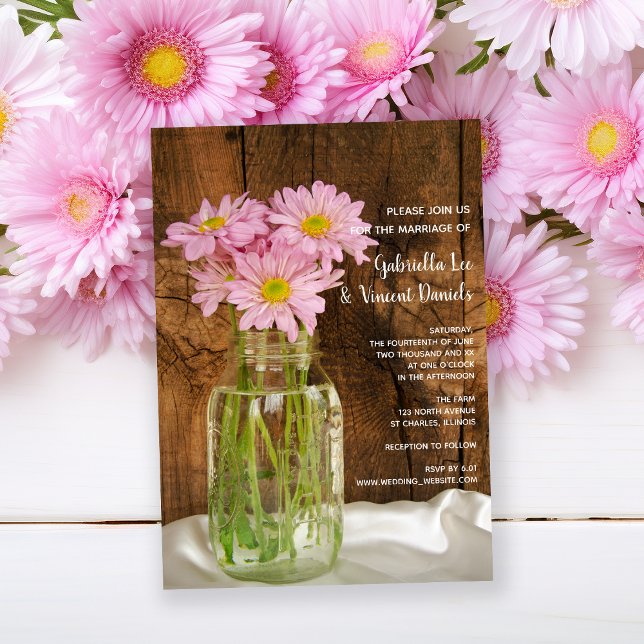 Invitación Mason Jar Pink Daisies Country Wedding (Subido por el creador)