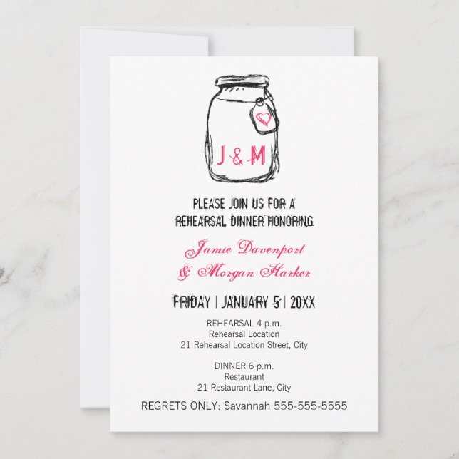 Invitación Mason Jar & Pink Heart Rehearsal Dinner (Anverso)