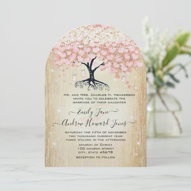 Invitación Mason Jar Pink Rose Gold Heart Leaf Tree (Anverso de pie)