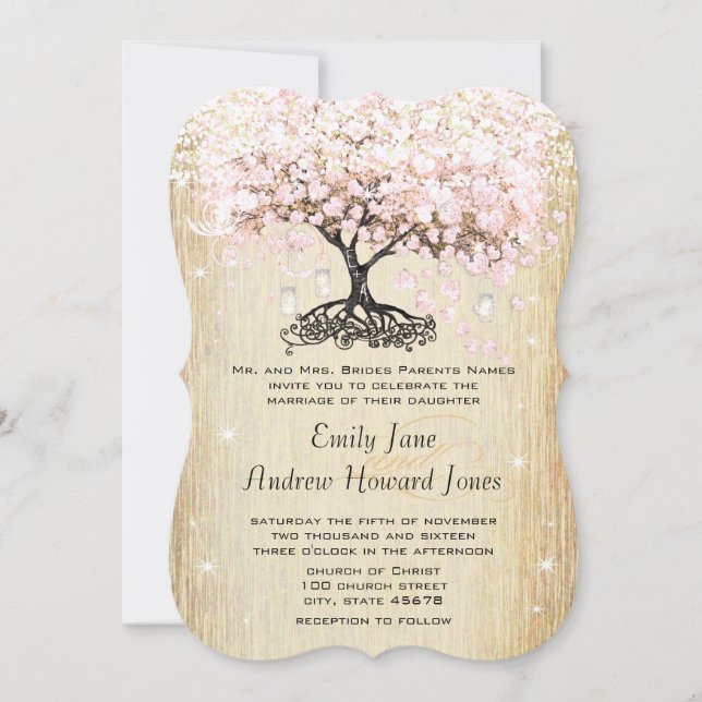 Invitación Mason Jar Pink Rose Gold Heart Leaf Tree (Anverso)