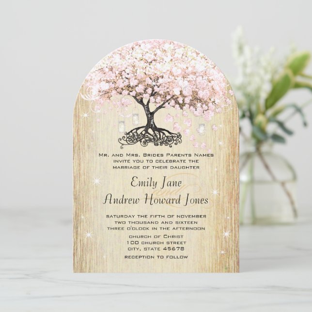 Invitación Mason Jar Pink Rose Gold Heart Leaf Tree (Anverso de pie)