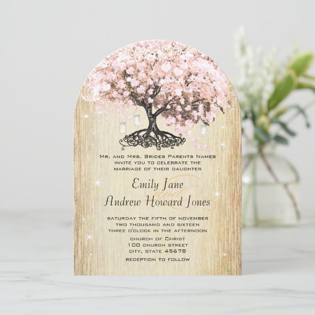Invitación Mason Jar Pink Rose Gold Heart Leaf Tree (Anverso de pie)