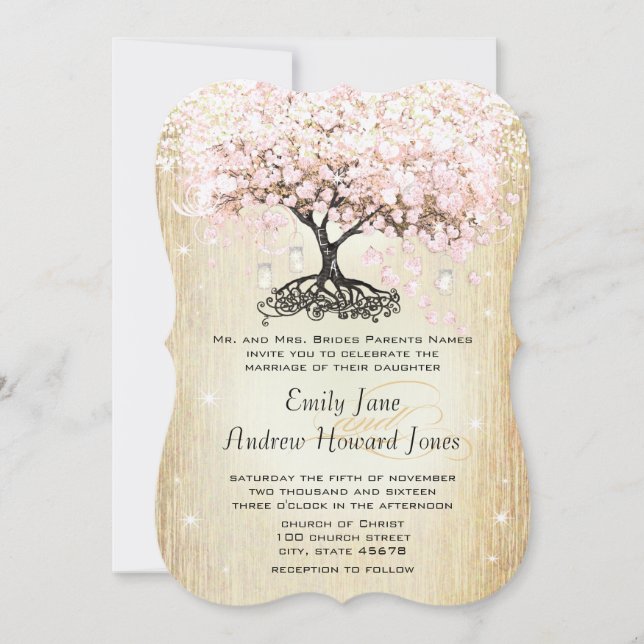 Invitación Mason Jar Pink Rose Gold Heart Leaf Tree (Anverso)