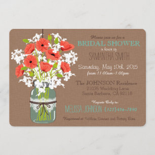 Invitación Mason Jar, Poppies y Burlap Rustic Bridal Shower
