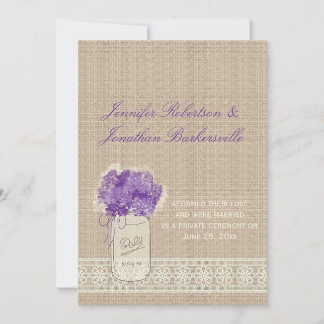 Invitación Mason Jar Purple Flowers Lace Post Boda (Anverso)