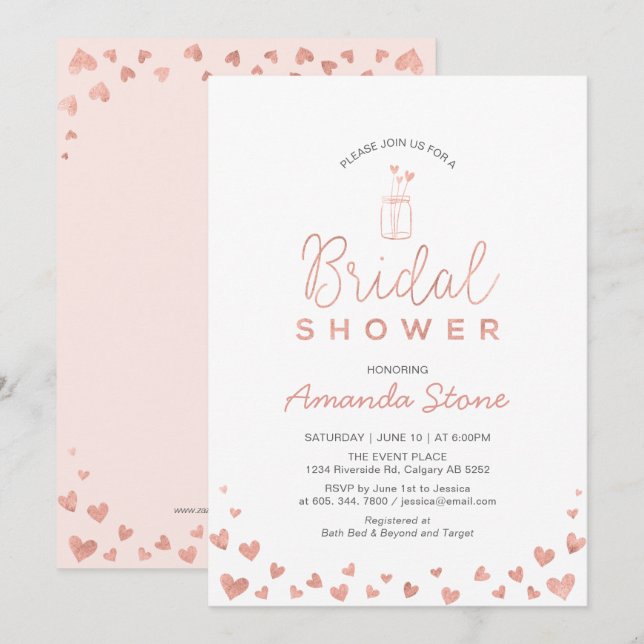 Invitación Mason Jar, Rosa de oro y duchas de novias rosadas  (Anverso / Reverso)